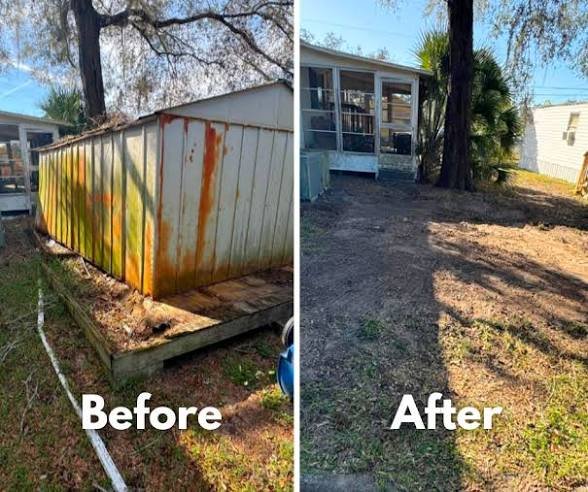 Before and after: a rusted metal shed on a wood platform removed and the ground cleared. Shed removal from Vince's California contracting years, 2020.
